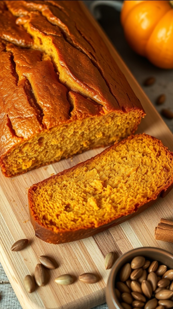 A golden loaf of pumpkin bread sliced on a cutting board, with pumpkin seeds and cinnamon nearby.